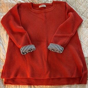 Margaret Winters Orange Crew Neck Waffle Thermal Cotton Sweater with cuffs. USA